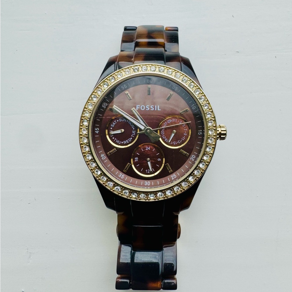 Vintage Fossil Women's Tortoise Shell and Gold Watch with Rhinestones